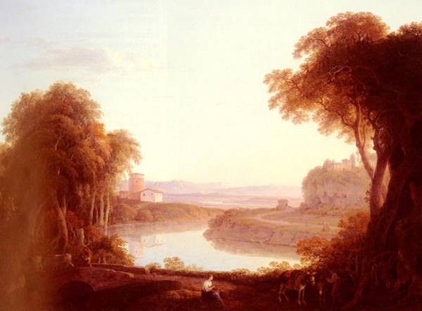 An Italianate Landscape With Figures And Donkeys In The Foreground